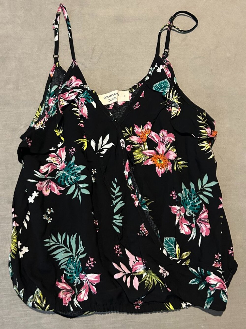 OCEAN DRIVE Boho Tropical Hibiscus Floral Cami Tank Top Size L